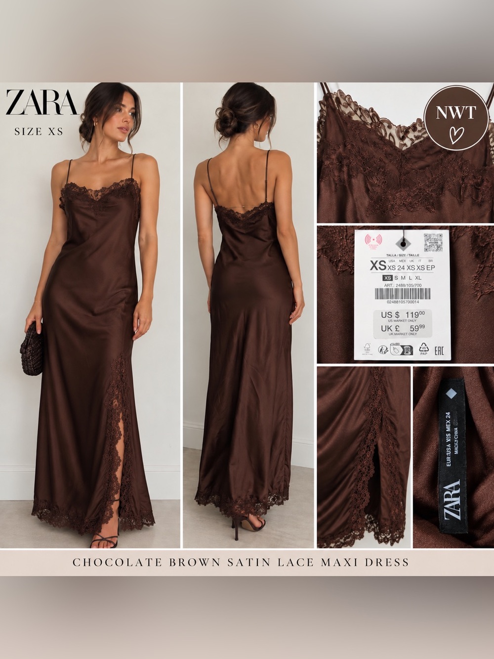 ZARA NWT Chocolate Brown Satin Lace Maxi Slip Dress XS